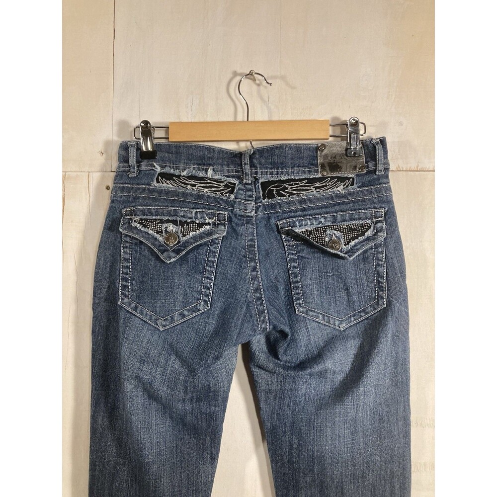 Y2K Red Rivet Bootcut‎ Jeans Women’s Sz 9 Medium Wash Low Rise Bling Embellished